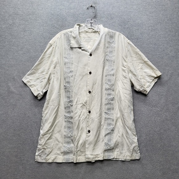 Tommy Bahama Men Button Up Shirt L/G Ivory Rayon Silk Back Graphic Embroidered